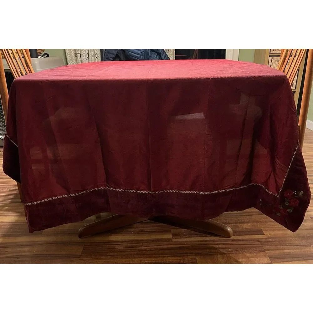Red Velvet Christmas‎ Tablecloth w/Gold Accents and Floral Embroidery 60